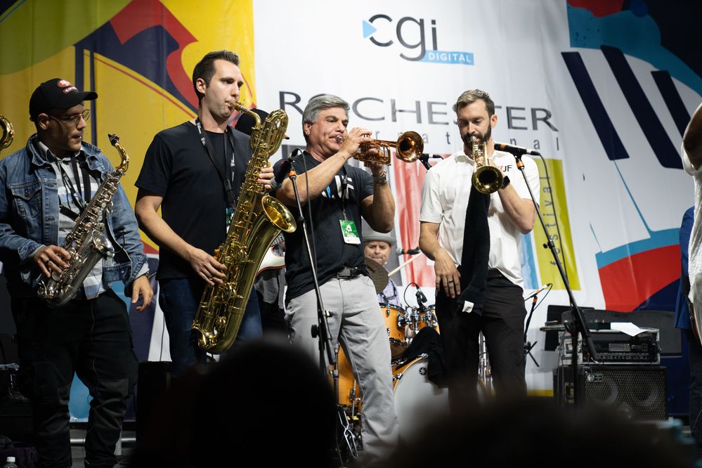 A band (including festival founder Marc Iacona – third from the left) plays at the jazz festival.