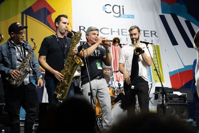 A band (including festival founder Marc Iacona – third from the left) plays at the jazz festival.
